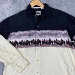 Cumberland Outfitters Men XL Western Pearl Snap Shirt Horse Stampede Black Cream